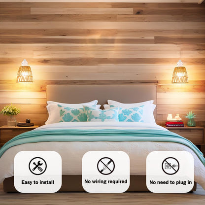 Boho Battery Operated Wall Sconces, Rattan Wall Sconce Set of 2 with Remote, RGB 15 Colors Dimmable Rechargeable Wall Light, Black Indoor Wireless Wall Lamp, Farmhouse Rattan Wall Lighting for Bedroom