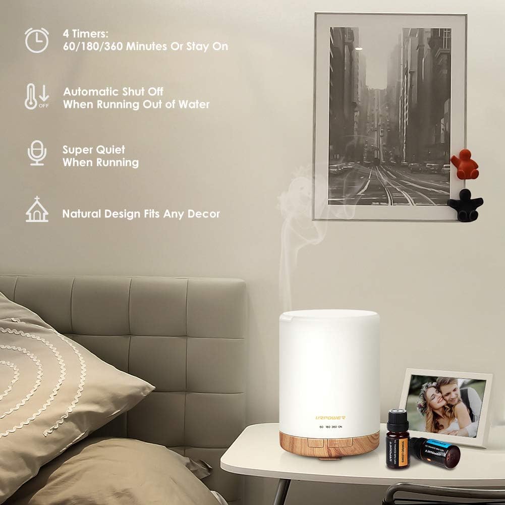 URPOWER 300ml Essential Oil Diffuser: Ultrasonic Aromatherapy Diffuser Quiet Auto Shut-Off, 4 Timer Settings(1H 3H 6H ON) & 7-Color Night Light Humidifier for Yoga Bedroom Living Room Office