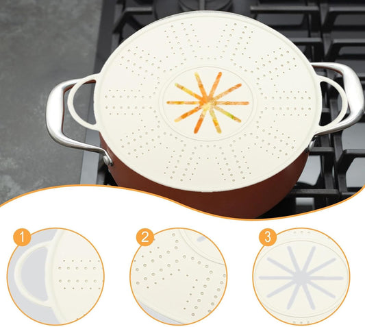Spill Stopper Lid Silicone Pot Cover Splatter Screen Oil Guard Double Handle Anti Overflow Heat Resistant Mat with Steam Vent Suitable for Dail, White