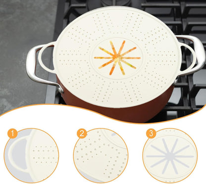 Spill Stopper Lid Silicone Pot Cover Splatter Screen Oil Guard Double Handle Anti Overflow Heat Resistant Mat with Steam Vent Suitable for Dail, White