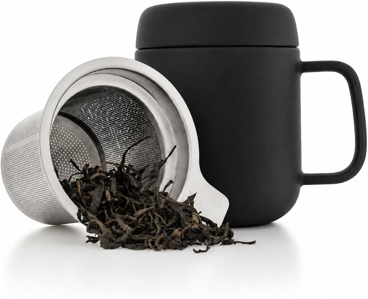 Tealyra - Sumo Porcelain Loose Tea Steeping Mug - 15oz/450 ml Ceramic Tea Cup with Infuser and Lid/Coaster - Extra Fine Stainless Steel Infusion Strainer - For Home or Office - Yellow