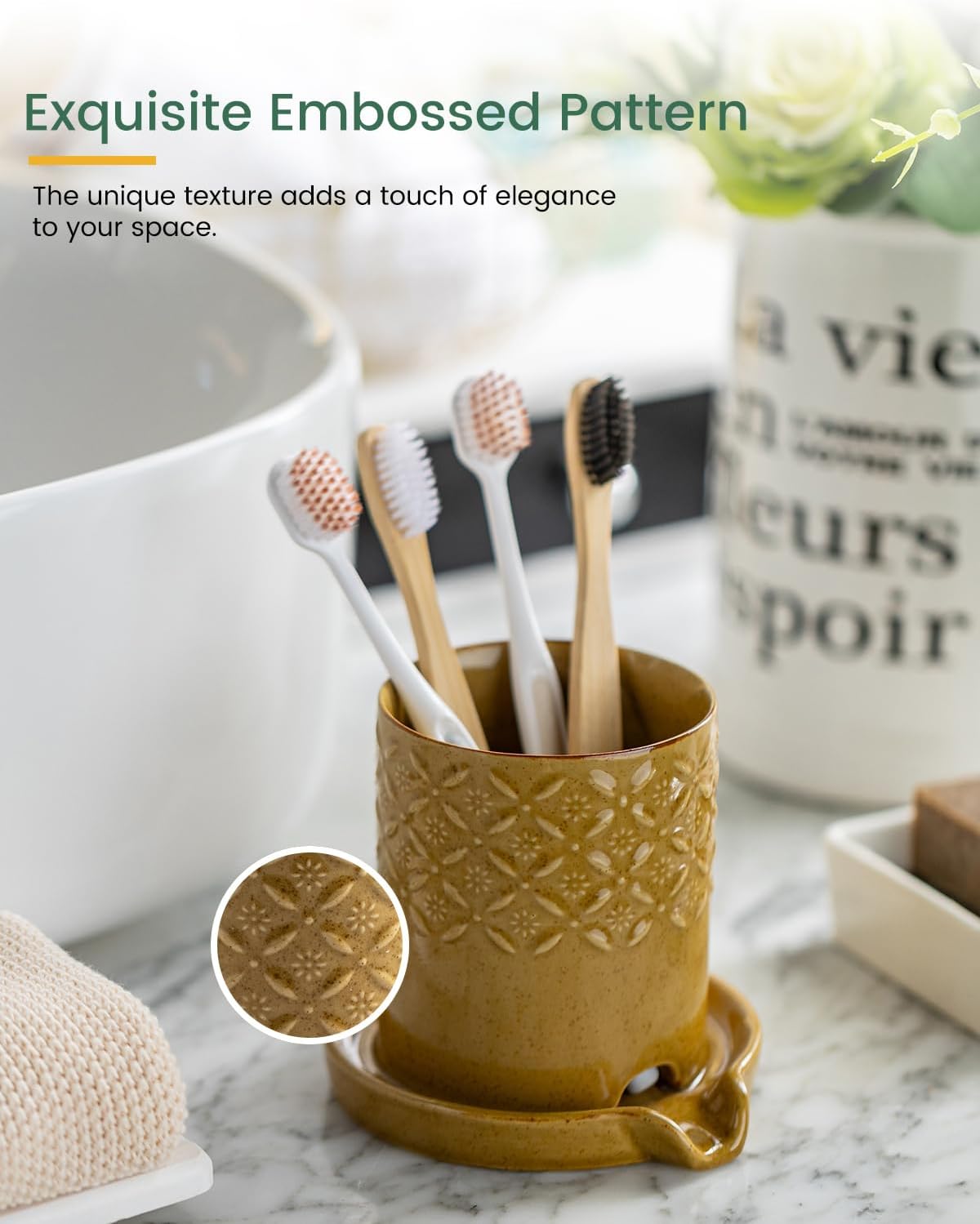 Zoeeker Toothbrush Holder with Drainage, Ceramic Toothbrush Holders Set | Electric Toothbrush & Toothpaste Holder for Bathrooms Self-draining Tooth Brush Cup Countertop Organizers for Family, Yellow