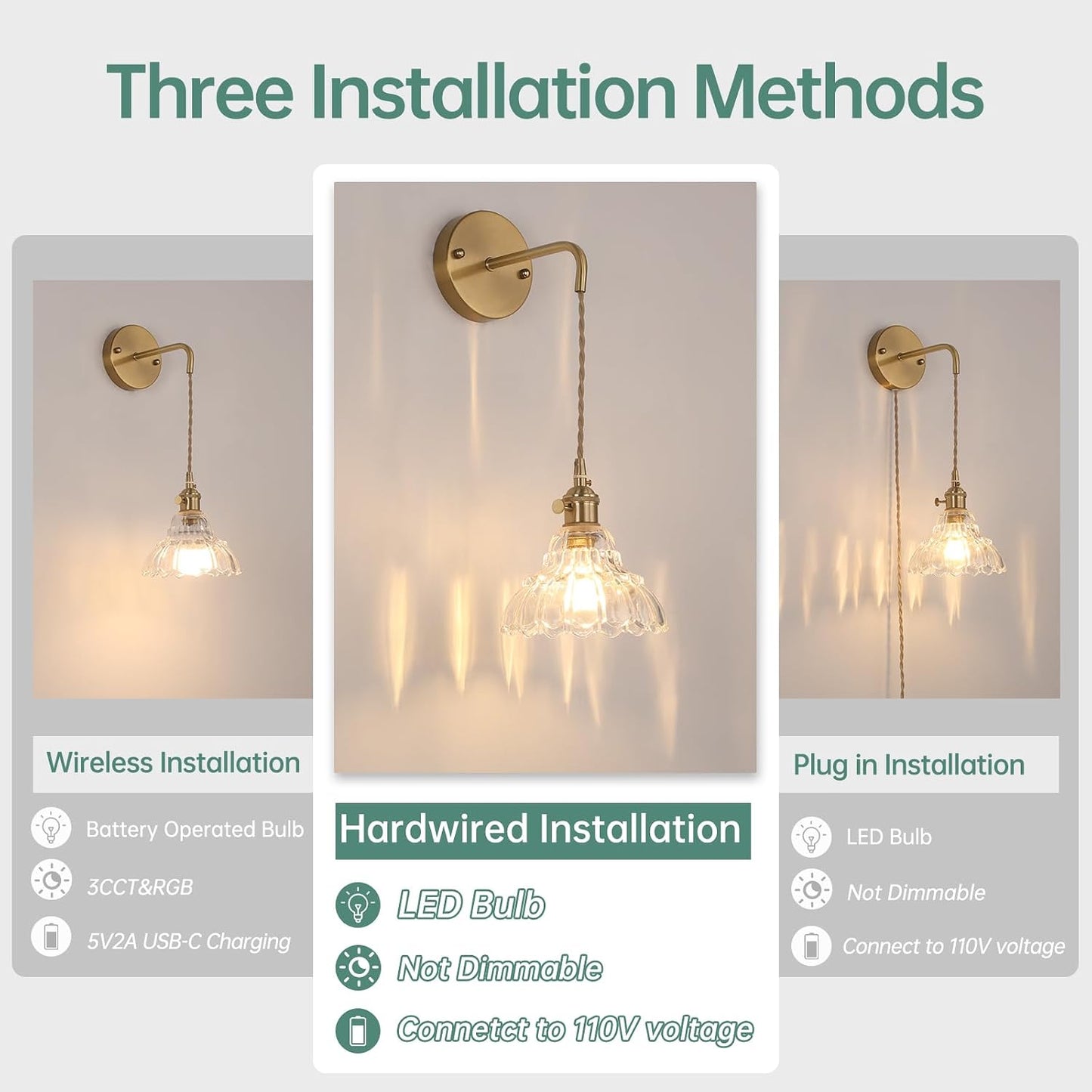 Shenmoyl Battery Operated Wall Sconce Wall Lamp with Green Lily of the Valley Shade Pattern Glass Adjustable Chain Retro Gold Wall Mounted Light, Modern Wall Lamp Fixtures Decor for Bedside Bedroom