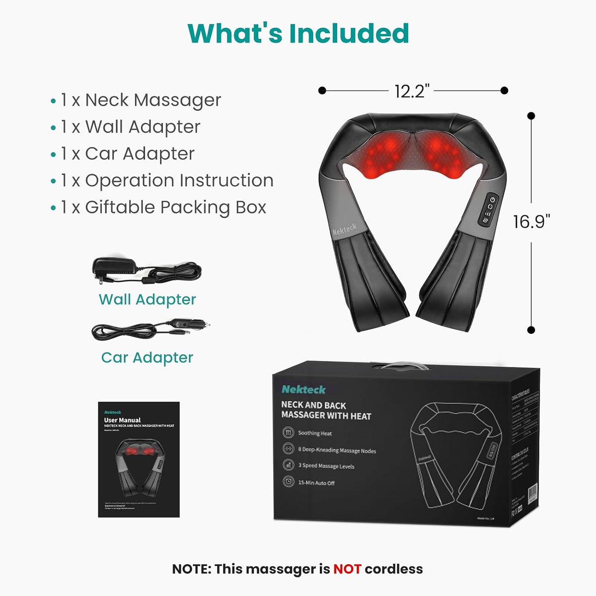 Nekteck Shiatsu Neck Massager with Heat for Pain Relief, NOT Cordless