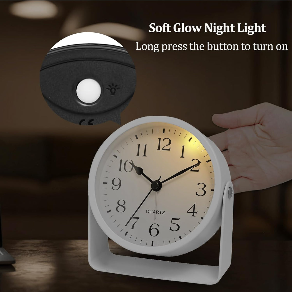 Analog Alarm Clock - 4.5" Silent Non Ticking Small Clock with Light, Rotatable Stand Metal Desk Clock Battery Operated, Simple Design for Living Room Decor/ Bedroom/Bedside/Shelf (Black & White)