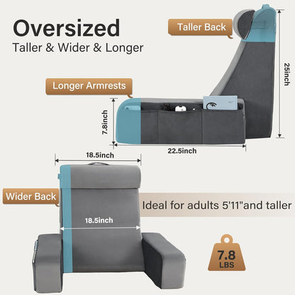 Vekkia 21" Reading Pillow for Bed with Adjustable Arms and XL Side Pockets | 60° Wedge Back Support, Washable Cover, Support Chair for TV, Gaming, Working, Nursing, Recovery in Bed & Floor, Black/Gray
