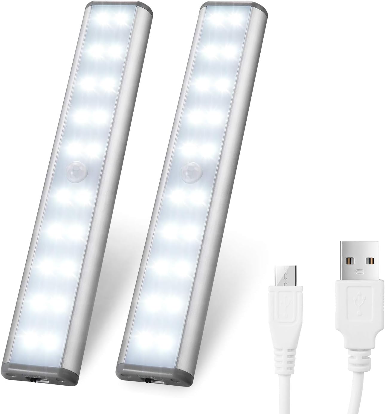 Wireless Motion Sensor Cabinet Lights 10-LED USB Rechargeable Closet Lights LED Under Cabinet Lighting for Wardrobe/Drawer/Stairs/Cupboard/Counter/Pantry/Stairs,Stick On Anywhere,2 Pack,White Light