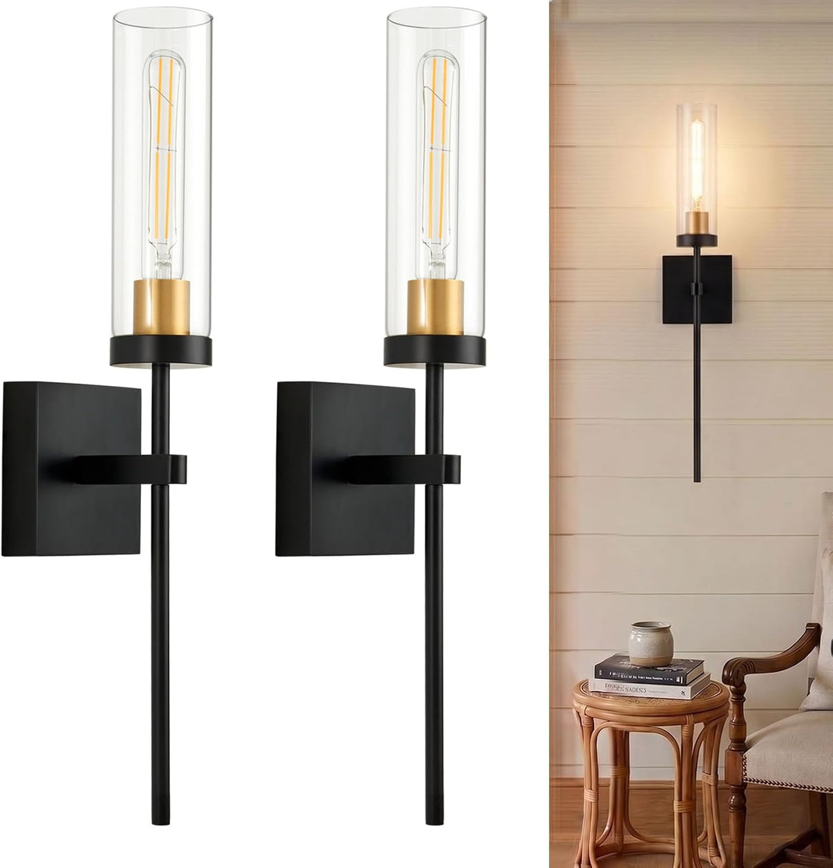 Wireless Wall Sconces with Remote Control, Battery Operated Wall Sconce Set of 2, Black & Gold Rechargeable Dimmable Wall Light for Bedroom Living room Bathroom Hallway Entryway Stairwell, 3000K