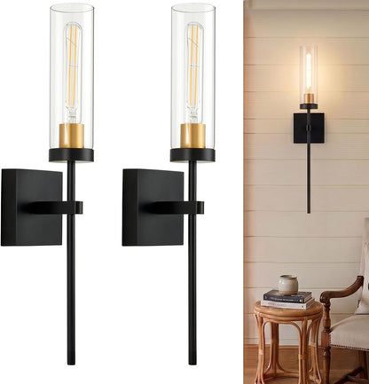 Wireless Wall Sconces with Remote Control, Battery Operated Wall Sconce Set of 2, Black & Gold Rechargeable Dimmable Wall Light for Bedroom Living room Bathroom Hallway Entryway Stairwell, 3000K