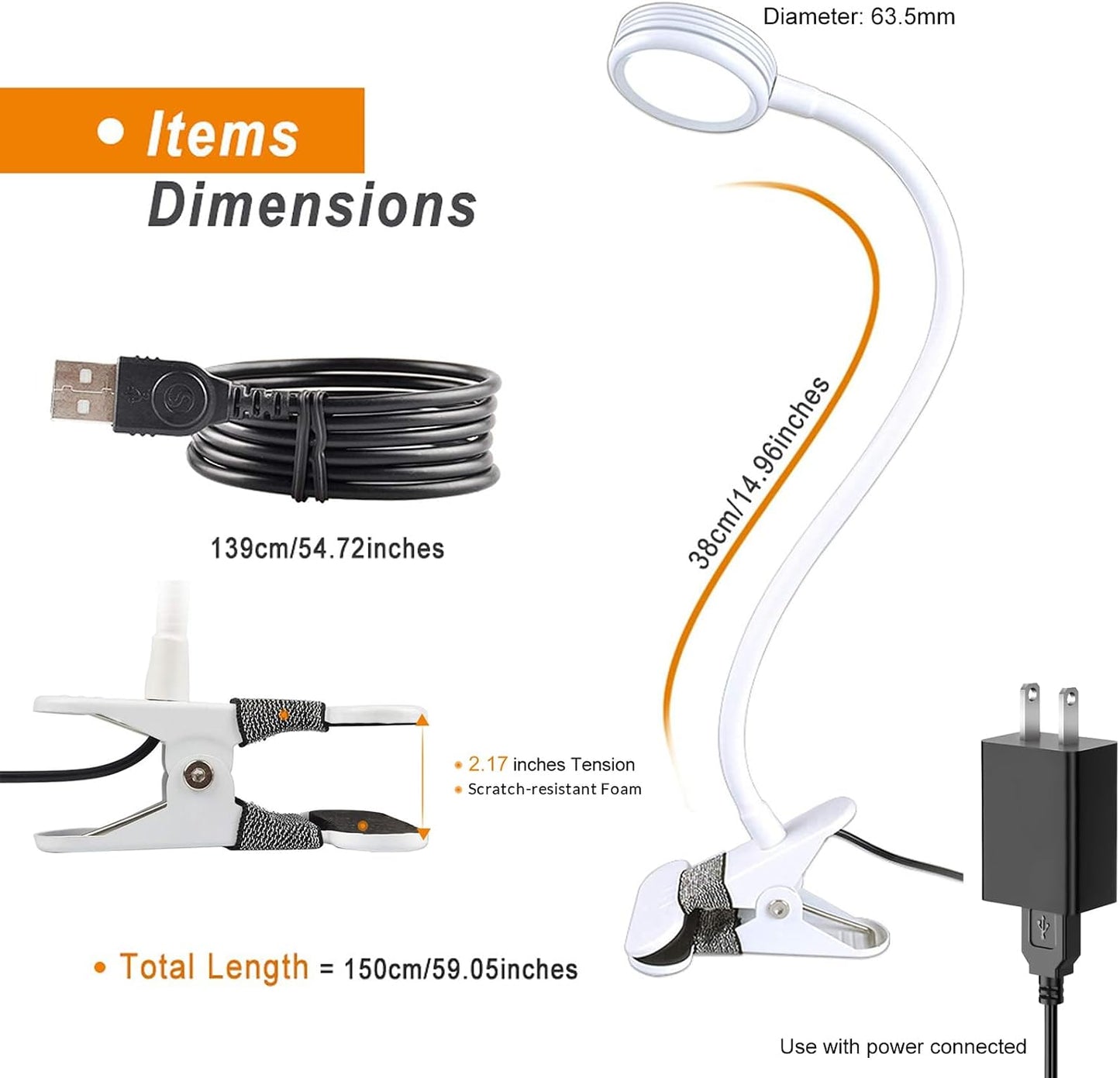 LEPOWER Clip on Light, Book Reading Lamp for Desk, Bed Headboard and Dorm | Adjustable Gooseneck, Color & Brightness Changeable, Adapter Included, LED Table Lamp for Computer, Bedside, Metal, White