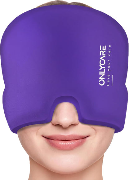 ONLYCARE Migraine Relief Cap, Headache Relief Cold Cap with Odorless Gel | Cooling Hat Head Wrap Soothing Face Ice Pack Mask Products for Tension Stress Hangover & Puffy Eyes, Relaxing Gifts for Women