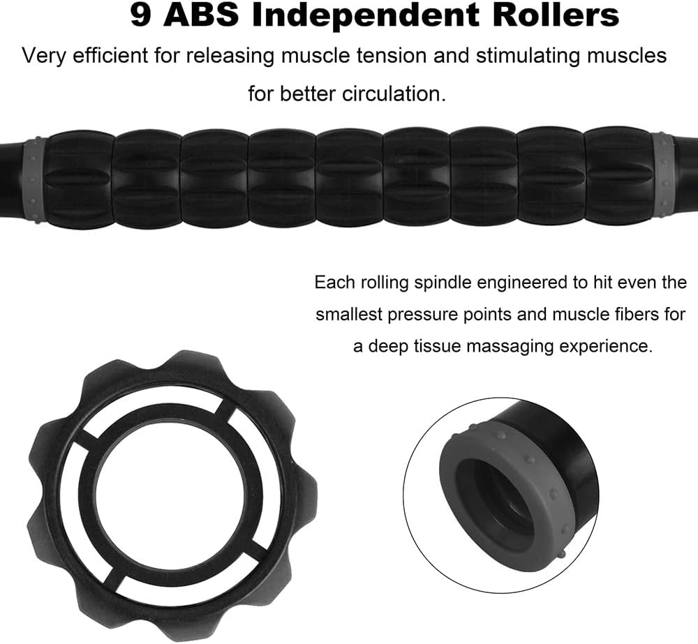 YANSYI Professional 9-Roller Deep Tissue Massage Stick - Portable Muscle Recovery Roller for Athletes, Relieves Post-Workout Soreness & Leg/Back Pain - Portable Physio Tool (Gray)