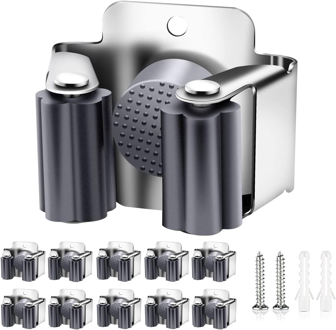 Verdenu 10 Pack Broom Holder Wall Mount, Mop Holder Wall Mounted, Stainless Steel Command Broom Holder with Screws, Garden Tool Rack Wall Mount for Kitchen, Home, Bathroom, Garage Storage, Black