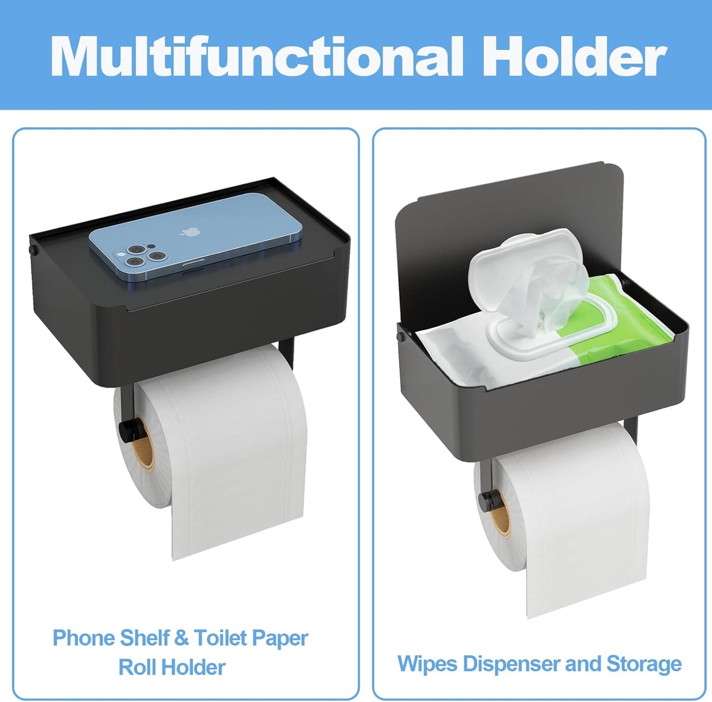 JUYSON Toilet Paper Holder with Shelf, Flushable Wipes Dispenser Fits for Bathroom Wipe Storage, Keep Your Wipes Hidden Out of Sight - SUS304 Stainless Steel Wall Mount Organizer (Matte Black)