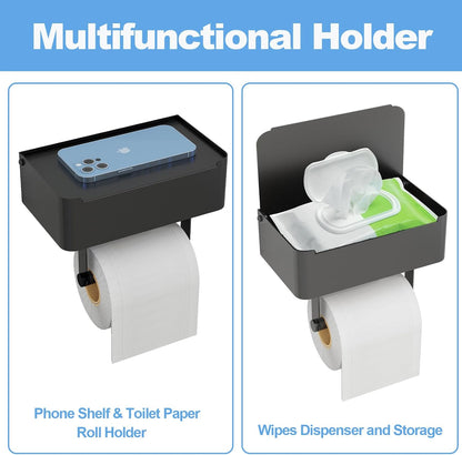 JUYSON Toilet Paper Holder with Shelf, Flushable Wipes Dispenser Fits for Bathroom Wipe Storage, Keep Your Wipes Hidden Out of Sight - SUS304 Stainless Steel Wall Mount Organizer (Matte Black)