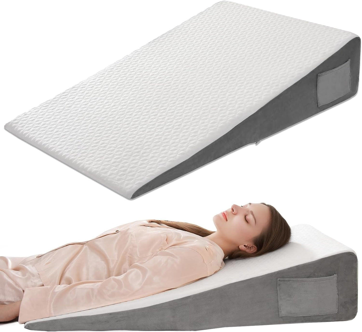 Vekkia 34" Extra-Long Wedge Pillow,7.5" Bed Wedge Pillow for Sleeping,White | Pillow Wedge Back Support for After Surgery, Idea for Acid Reflux,Snoring Relief,Removable Washable Cover&Double Side Pockets