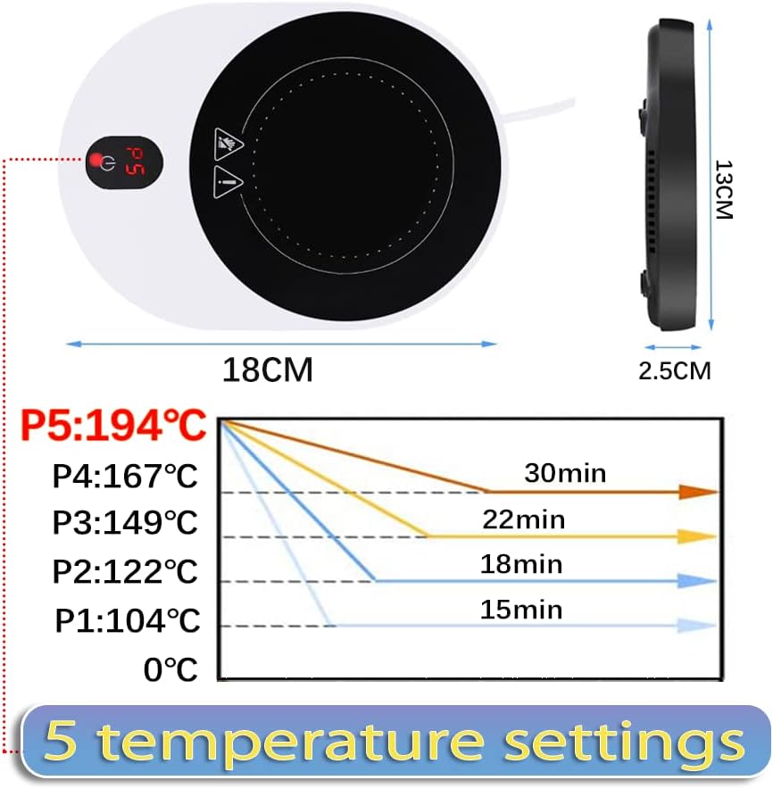 50W Mug/Candle Warmer, Smart Coffee Warmer for Desk, 5 Temp Levels & 1-12H Timing Auto Shut Off, Enlarged Heating Plate Suitable for Most Cups, Gift for Your Friends and Family