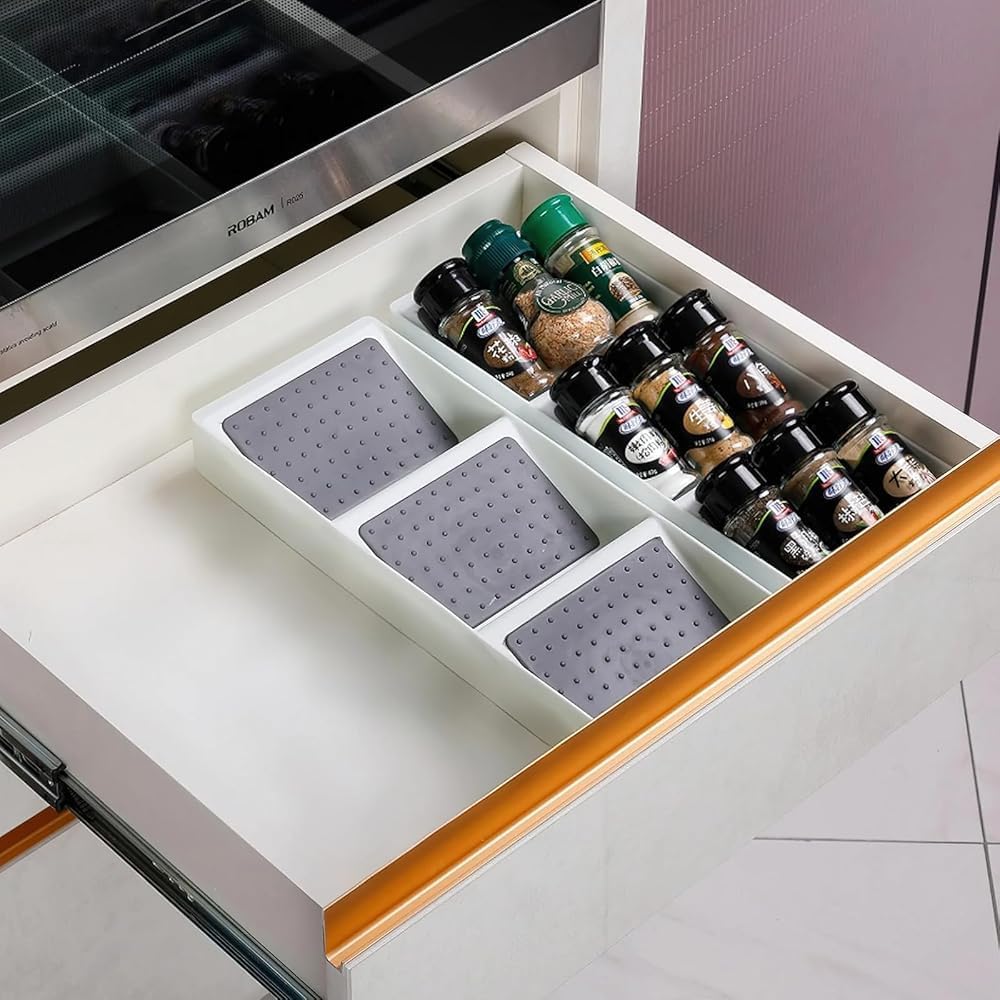 Small spice drawer organizer insert,1 pack,3 layer silicone non-slip mats, L15''xW5.6''xH2'',Kitchen drawers or countertops (jars not included),Expandable spice drawer organizer insert narrow