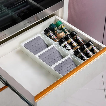 Small spice drawer organizer insert,1 pack,3 layer silicone non-slip mats, L15''xW5.6''xH2'',Kitchen drawers or countertops (jars not included),Expandable spice drawer organizer insert narrow