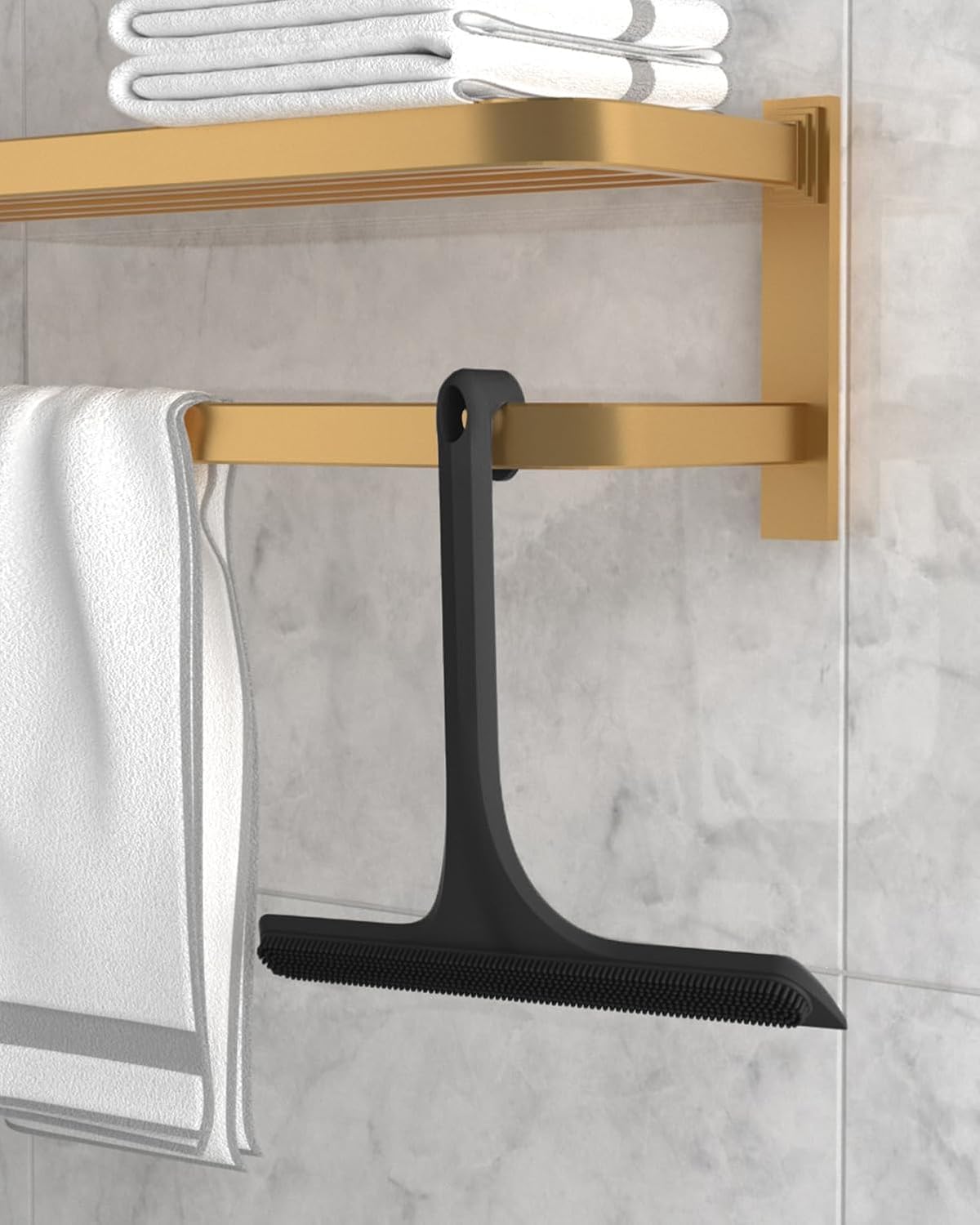 2-in-1 Silicone Shower Squeegee with Hook,Dual-Sided Design with Scraper & Scrub Surface,Rust-Proof Stainless Core,Streak-Free Bathroom Squeegee for Glass Doors,Mirrors,Windows,Car Windshields (Black)