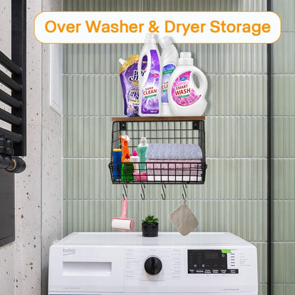 Picowe Laundry Room Shelves Wall Mounted, Metal Basket with Wood Lid (S) | Stackable & wall-mountable. Rust-resistant steel. Wooden top stores dryer sheets & lint rollers. Fits over washer/dryer.