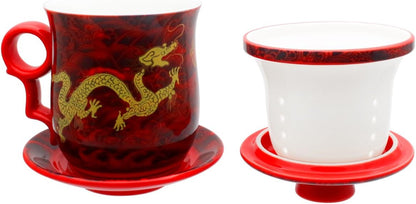 Porcelain Tea Cup with Infuser Lid and Saucer Sets - Chinese Jingdezhen Ceramics Coffee Mug Teacup Loose Leaf Tea Brewing System for Home Office