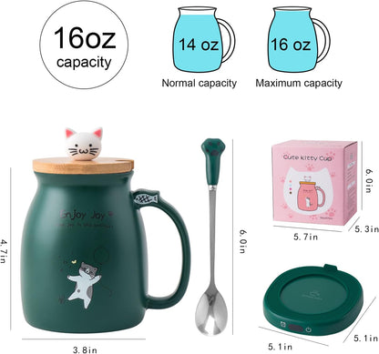 Cat Mug Coffee Mug Warmer Set for Desk Electric Heated Tea Cup Candle Plate | Cute Cat Cup Warmer Set, Self Heating Tea Warmer for Office Home, 8Hrs Auto Shut Off 4 Temperature Setting, Christmas Gift