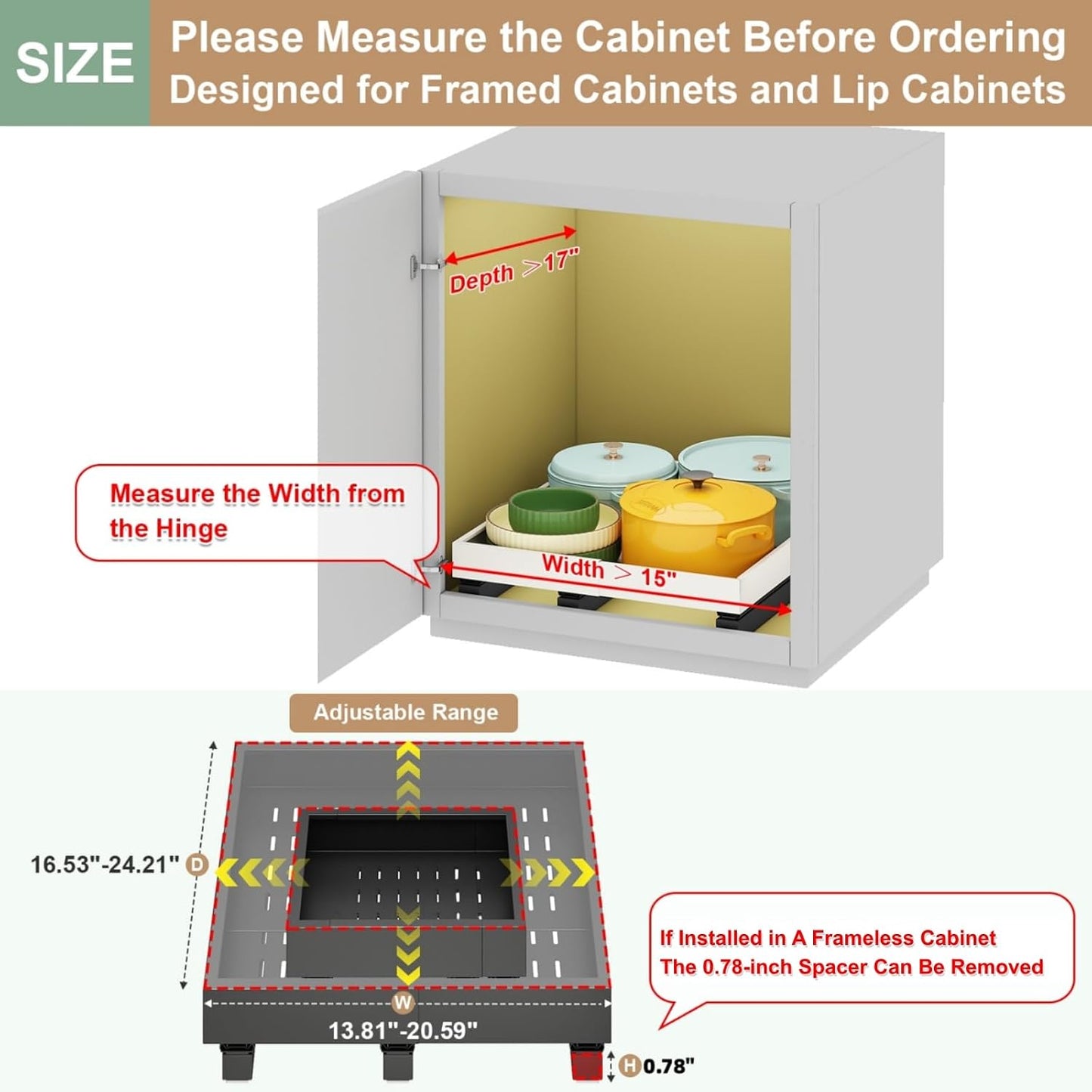 Fokyfok Pull out Cabinet Organizer,11"-16"W,17"-24"D,Expandable,Adhesive | No Drill,3 Rails,Roll out Drawers,Adjustable Slide out Shelves for Kitchen,Pantry,Framed and Framless Cabinets,White,1PC