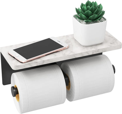 Gypie Marble Toilet Paper Holder with Shelf, Wall Mounted Matte Black | Stainless Steel Tissue Roll Paper Holder Dispenser for Bathroom Washroom