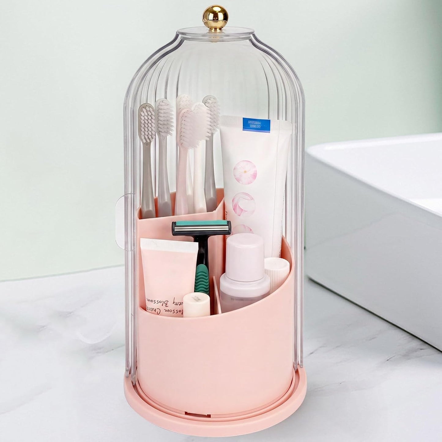 QIYVLOS Toothbrush Holders with Sliding Lid, Rotating 3 Slots Bathroom Organizer Countertop, Tooth Brush Toothpaste Holder Bathroom Counter Stand Sink Organizer Caddy for Vanity Makeup Brushes Holder
