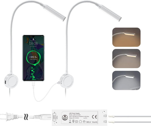 VST 2 Pack Silver Wall Mounted Reading Light for Bed, Bedside Headboard Book Light，36W Driver,ETL-Listed, Touch Dimmable 3 Color Temp (3000K/4000K/6000K), USB & Type-C Ports for Bedroom,Dorm