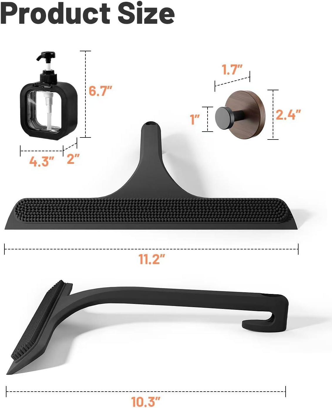 2-in-1 Silicone Shower Squeegee with Hook,Dual-Sided Design with Scraper & Scrub Surface,Rust-Proof Stainless Core,Streak-Free Bathroom Squeegee for Glass Doors,Mirrors,Windows,Car Windshields (Black)