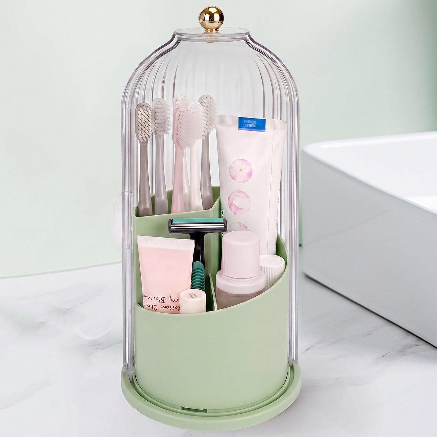 QIYVLOS Toothbrush Holders with Sliding Lid, Rotating 3 Slots Bathroom Organizer Countertop, Tooth Brush Toothpaste Holder Bathroom Counter Stand Sink Organizer Caddy for Vanity Makeup Brushes Holder