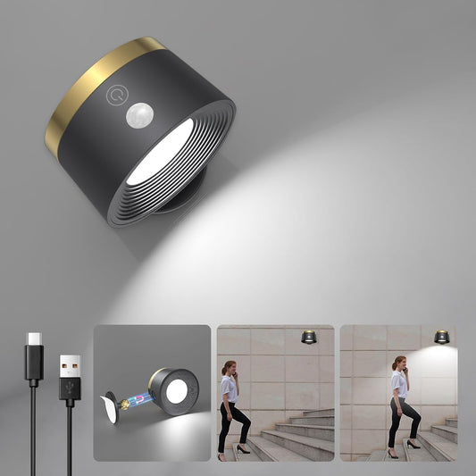Motion Sensor Wall Light Indoor, 3500mAh Rechargeable Battery Operated LED Wall Light, Wall Lamp Wireless with 360 ° Rotation, 3 Color Temperatures for Bedroom, Study, Corridor, Picture