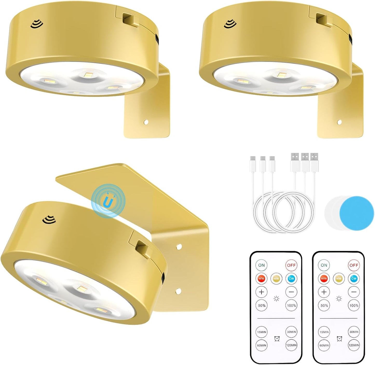 3 Pack Picture Lights for Wall, Rechargeable Battery Operated wall lights, Picture Frame lights with 3 Lighting Modes, Wireless Magnetic Painting Light with Remote Control Timer (White, 3 Pack)