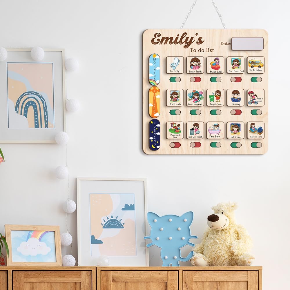 Daily Routine Chart for Kids, Visual Schedule, Routine Chart for Toddlers 3-5, Morning Bedtime Routine Chart for Toddlers, Wooden Chore Chart for Kids