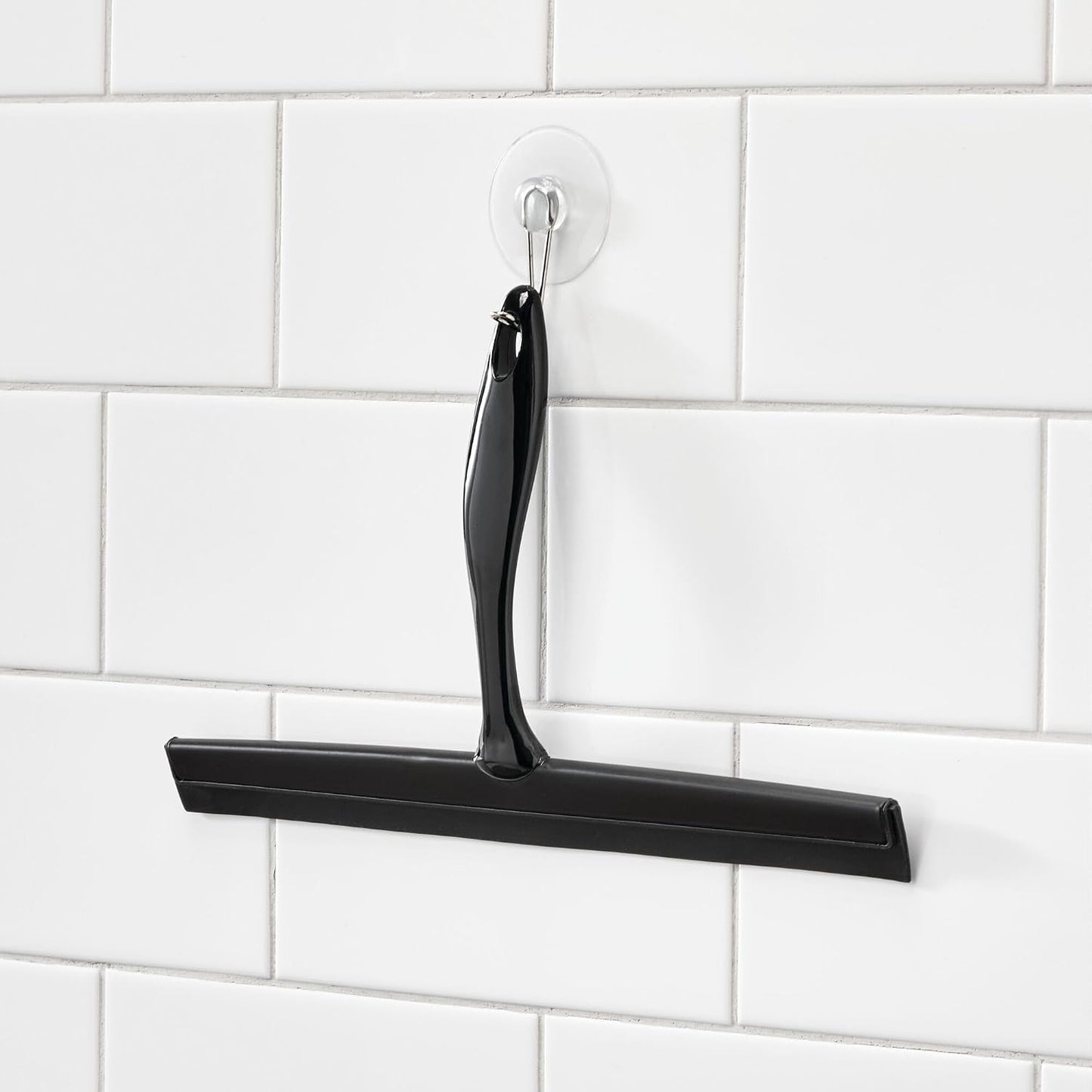 iDesign Zia Metal and Plastic Bathroom Squeegee for Shower, Glass Doors, Floors, Mirrors, with Suction Hook Holder , 12 Inches, Clear and Stainless Steel | Wall Hook Included