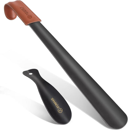 ZOMAKE Shoe Horn Long Handle for Seniors Men Women, Metal Shoehorn 2Pack | 16.5" Long Boot Horn, Travel Small Shoe Spoon Helper 7.5", Sturdy Stainless Steel, Anti-Slip Leather Grip, Shoe Protection