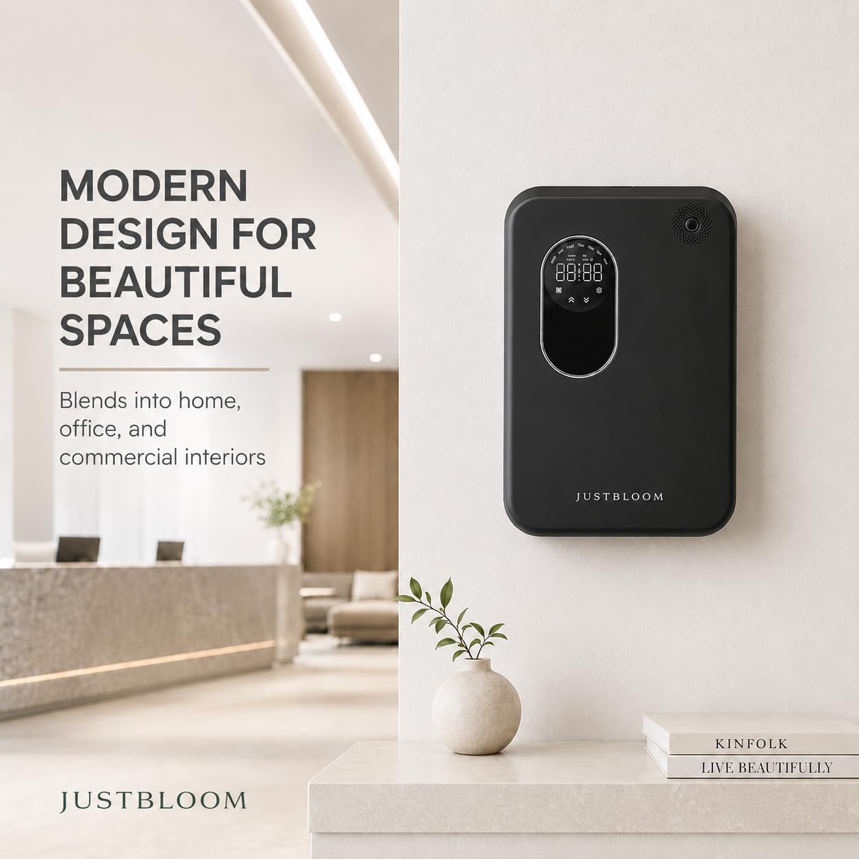JUSTBLOOM Hotel Essential Oil Diffuser, Waterless Fragrance Diffuser | Up to 4000 Sq Ft: Smart App Control, Cold Air Diffusion, ,360° Ambient Light, Auto Shut-Off, Premium Aluminum Design