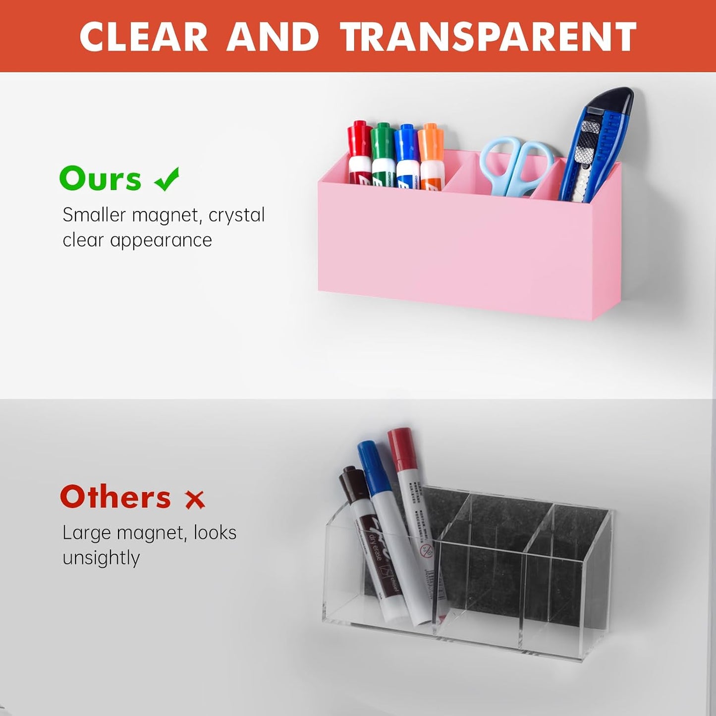 Magnetic Dry Erase Marker Holder for Whiteboard, Fridge, Classroom | Acrylic Magnet Pen Holder for Office, Refrigerator, Whiteboard Maker Holder for Teacher, Locker Organizer Accessories(Clear)