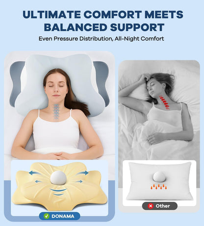 DONAMA Contour Cervical Neck Pillow for Neck Pain Relief | Queen,Ergonomic Dual-Height,Odorless Memory Foam,Side/Back/Stomach Sleepers,Cooling Hypoallergenic Cover,OEKO-TEX Certified