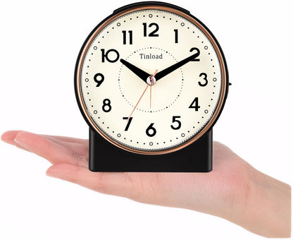Tinload 4.3" No Ticking Analog Alarm Clock,Silent Readable for Seniors,Easy to Set,Gradual Rise Alarm,Big Numbers,On/Off Switch on Side,Gentle Wake,Snooze,Lighted on Demand,Battery Operated,Black
