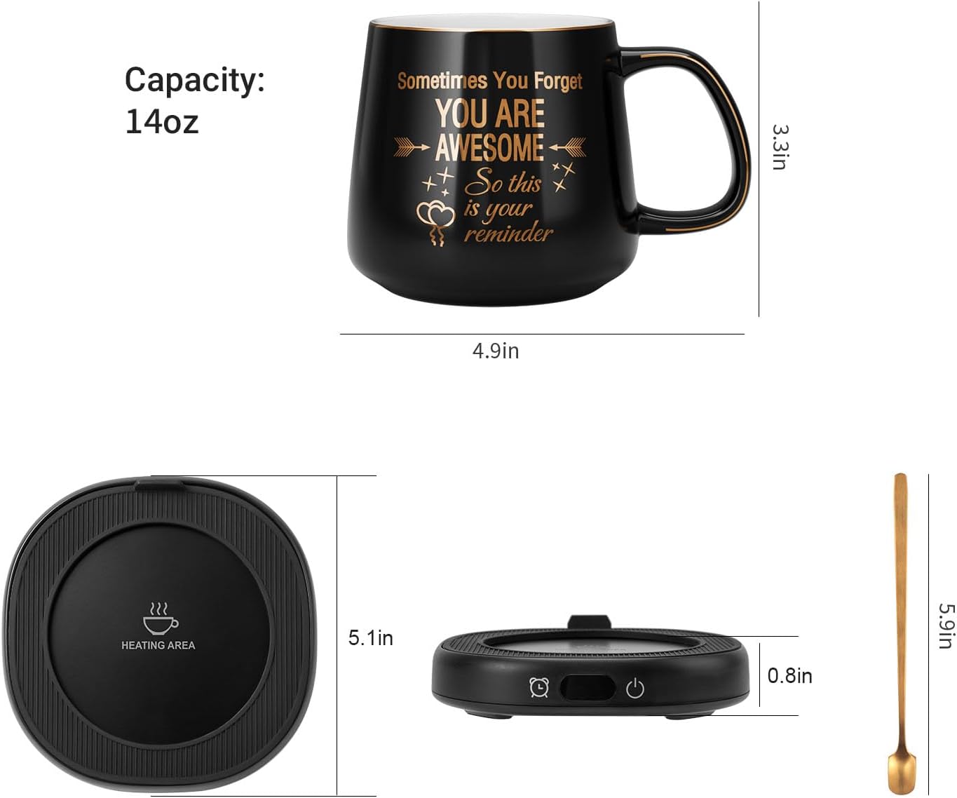 Coffee Mug Warmer & Pure Black Mug Set, Electric Cup Warmer for Desk | Beverage Warmer Plate for Coffee,Tea,4 Temperature Setting,8-Hours Auto Shut Off,14oz Mug with Spoon & Bamboo Lid Included