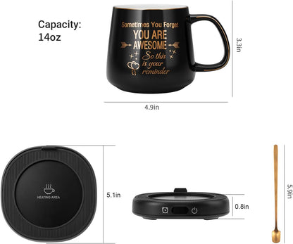 Coffee Mug Warmer & Pure Black Mug Set, Electric Cup Warmer for Desk | Beverage Warmer Plate for Coffee,Tea,4 Temperature Setting,8-Hours Auto Shut Off,14oz Mug with Spoon & Bamboo Lid Included