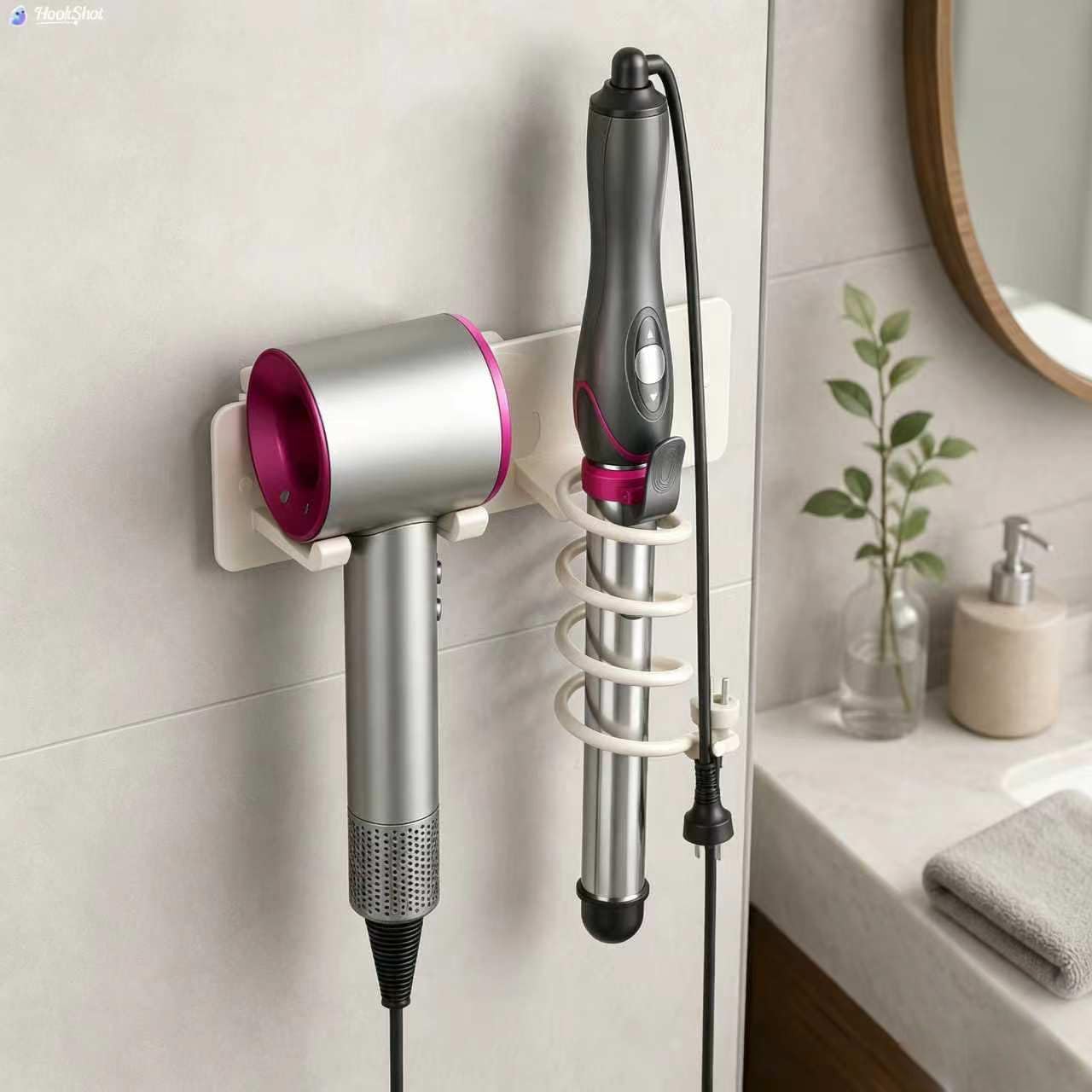 Universal Hair Dryer Holder, Self Adhesive Wall Mount, White | Universal storage rack fits most brand blow dryers, ideal for bathroom organization