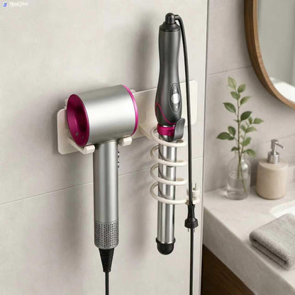 Universal Hair Dryer Holder, Self Adhesive Wall Mount, White | Universal storage rack fits most brand blow dryers, ideal for bathroom organization