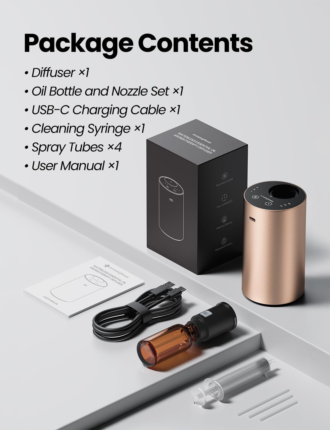 Waterless Essential Oil Diffuser, Rechargeable Scent Diffusers with 3 Mist Levels & Timers, Portable Aromatherapy Diffuser for Home Car Room Studio Office, Black Metal