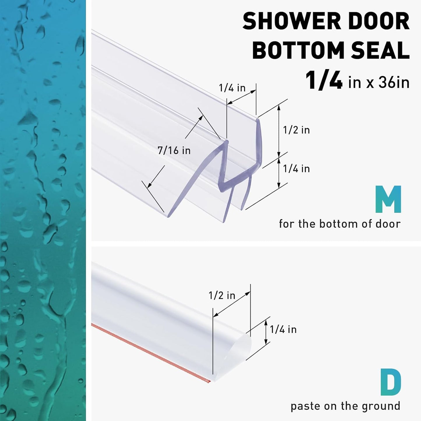 Shower Door Bottom Seal,2 PCS 3/8" x 36" | Shower Door Sweep for 3/8 Inch Glass, Frameless Glass Shower Door Seal Strip, Stop Shower Leaks and Create a Water Barrier