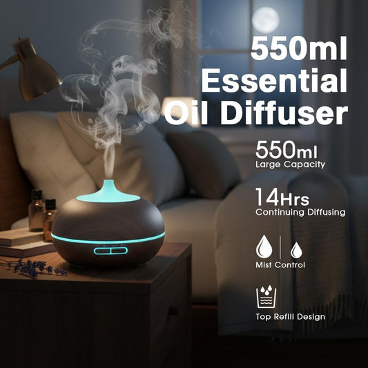 550ml Large Capacity Essential Oil Diffuser with 6 Essential Oil Set | Aromatherapy Ultrasonic Air Humidifier with Timer,7 Color LED Night Light,Waterless Auto-Off Functions for Home Spa