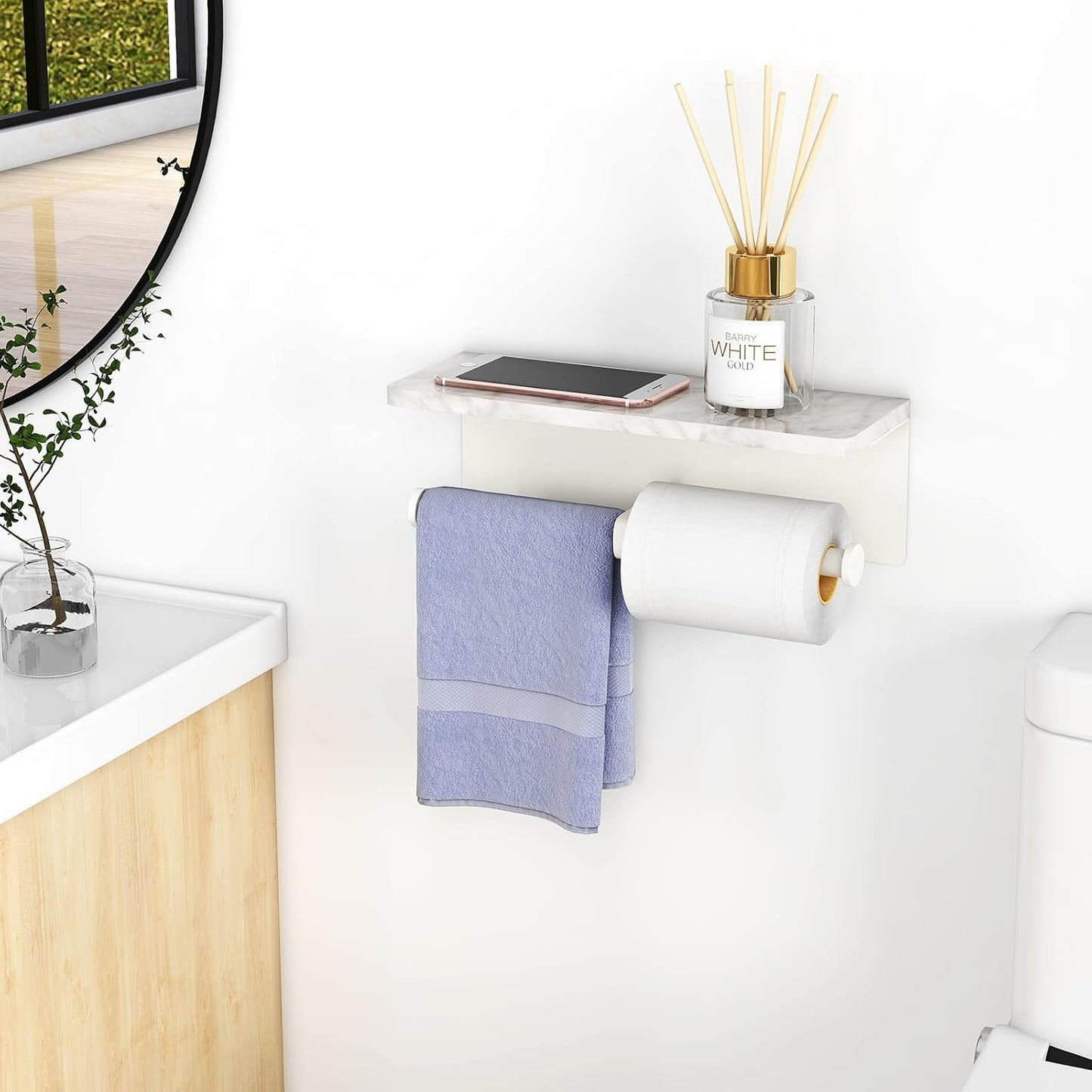 Gypie Marble Toilet Paper Holder with Shelf, Wall Mounted Matte Black | Stainless Steel Tissue Roll Paper Holder Dispenser for Bathroom Washroom